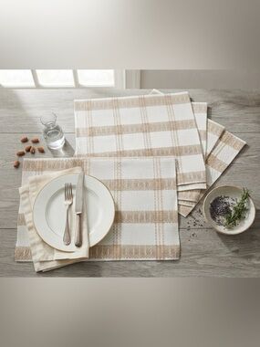 Neutral Plaid Cotton Blend Placemats and Napkins - Beige & Cream